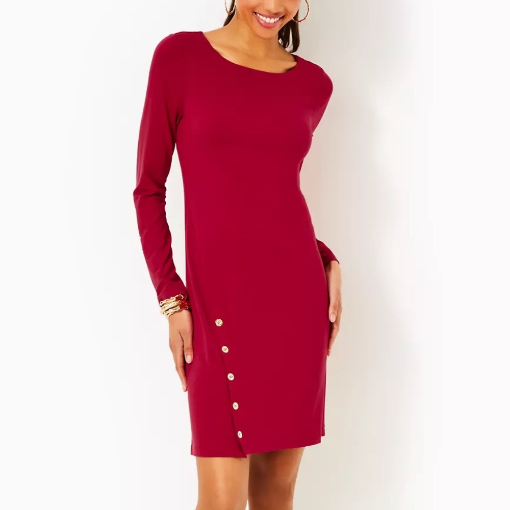 LILLY PULITZER: UPF 50+ Maddox Straight Dress; Malbec Red, Medium